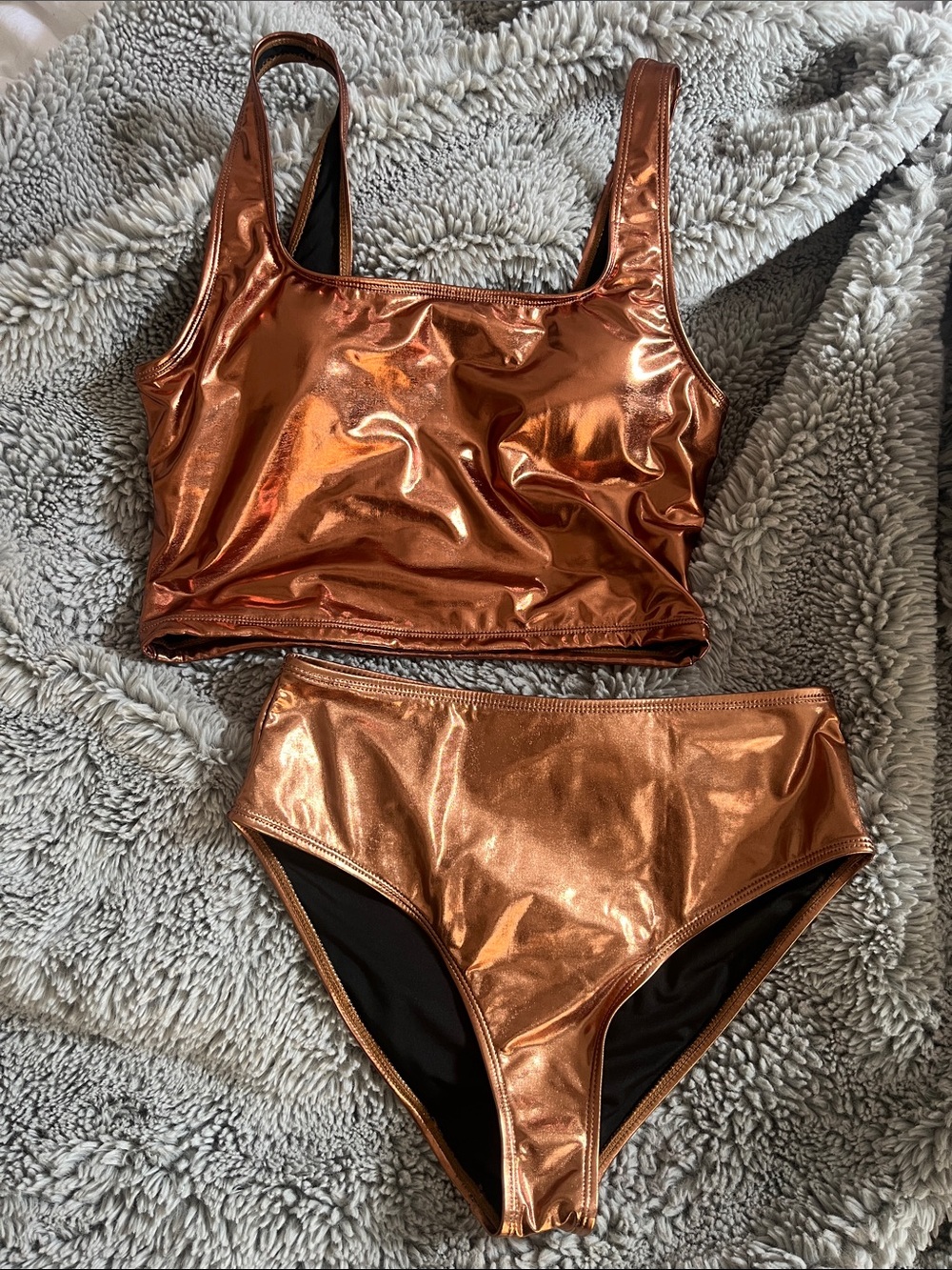 Fashion Nova Metallic Copper High-Waist Bikini Set